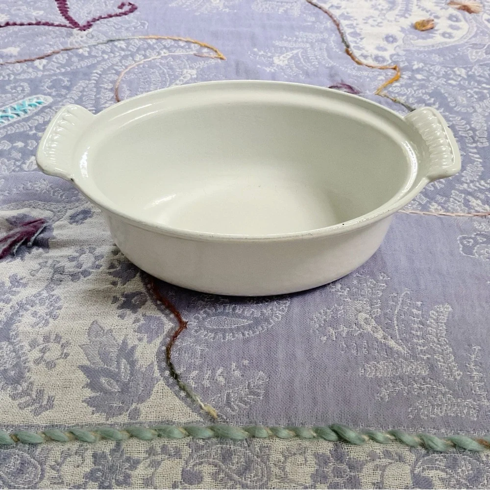 Vintage DRU Holland Enamel Cast Iron Mini Casserole White Dish No Lid